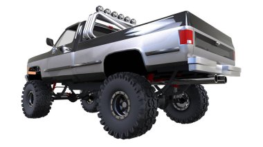 büyük kamyonet off-road. Tam - eğitim. Yüksek süspansiyon kaldırdı. Büyük tekerlekler ile sivri taş ve çamur için. 3D çizim.