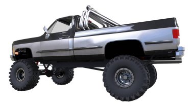 büyük kamyonet off-road. Tam - eğitim. Yüksek süspansiyon kaldırdı. Büyük tekerlekler ile sivri taş ve çamur için. 3D çizim.