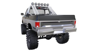 büyük kamyonet off-road. Tam - eğitim. Yüksek süspansiyon kaldırdı. Büyük tekerlekler ile sivri taş ve çamur için. 3D çizim.