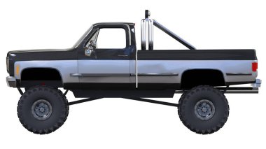 büyük kamyonet off-road. Tam - eğitim. Yüksek süspansiyon kaldırdı. Büyük tekerlekler ile sivri taş ve çamur için. 3D çizim.