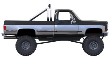 büyük kamyonet off-road. Tam - eğitim. Yüksek süspansiyon kaldırdı. Büyük tekerlekler ile sivri taş ve çamur için. 3D çizim.