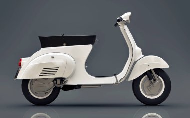 Gri bir arka plan üzerinde Vintage Avrupa beyaz scooter. 3d render.