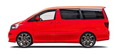 İnsanların taşınması için kırmızı küçük minivan. Parlak gri arka plan üzerinde üç boyutlu çizim. 3d render.