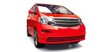 İnsanların taşınması için kırmızı küçük minivan. Parlak gri arka plan üzerinde üç boyutlu çizim. 3d render.