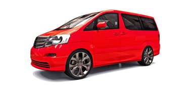 İnsanların taşınması için kırmızı küçük minivan. Parlak gri arka plan üzerinde üç boyutlu çizim. 3d render.