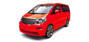 İnsanların taşınması için kırmızı küçük minivan. Parlak gri arka plan üzerinde üç boyutlu çizim. 3d render.