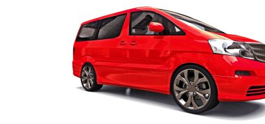 İnsanların taşınması için kırmızı küçük minivan. Parlak gri arka plan üzerinde üç boyutlu çizim. 3d render.