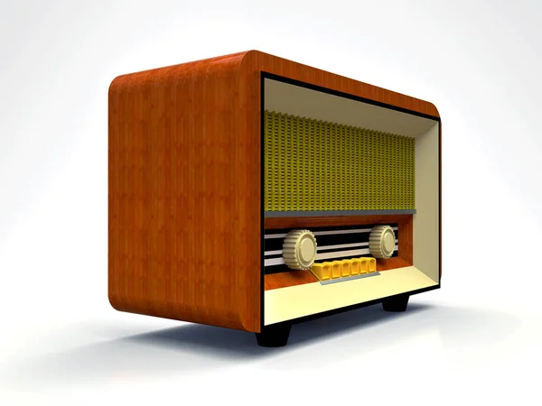 Antiguo receptor de radio tubo vintage hecho de madera y plástico crema sobre un fondo blanco. Antigua radio de mediados del siglo XX. ilustración 3d . — Foto de Stock