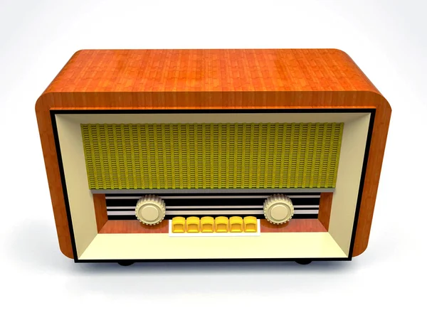 Ancien récepteur de radio à tube vintage en bois et plastique crème sur fond blanc. Ancienne radio du milieu du XXe siècle. Illustration 3d . — Photo