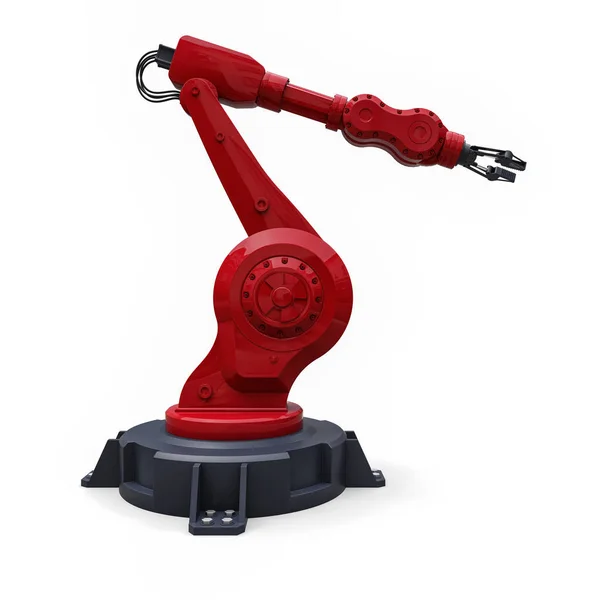 Robotické červené rameno pro jakoukoliv práci v továrně nebo výrobě. Mechatronické vybavení pro složité úkoly. 3D ilustrace. — Stock fotografie