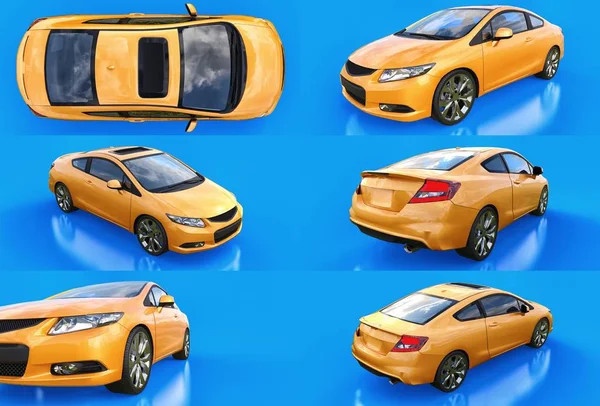 Ställ gul liten sportbil Coupe på en blå bakgrund. 3D-rendering. — Stockfoto