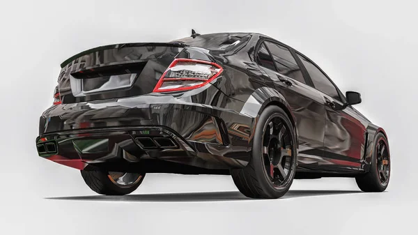 Σούπερ γρήγορο αθλητικό αυτοκίνητο μαύρο χρώμα σε λευκό φόντο. Σεντάν σε σχήμα πτώματος. Ο συντονισμός είναι μια εκδοχή ενός συνηθισμένου οικογενειακού αυτοκινήτου. απόδοση 3D. — Φωτογραφία Αρχείου