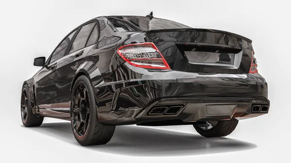 白の背景に超高速スポーツカーの黒色。ボディシェイプセダン。チューニングは普通のファミリーカーのバージョンです。3D レンダリング. — ストック写真