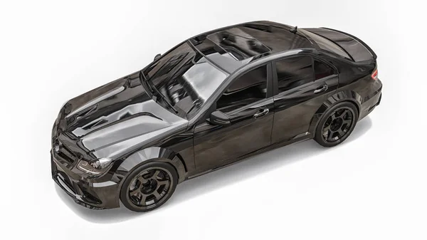 Szupergyors sportautó fekete színű, fehér alapon. Test alakja szedán. Hangolás egy hagyományos családi autó változata. 3D-leképezés. — Stock Fotó