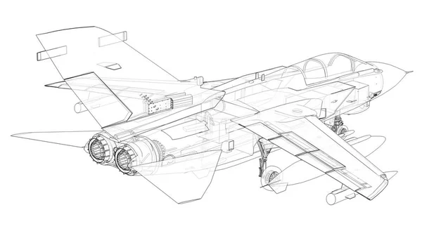 Military jet fighter silhouettes. Image of aircraft in contour drawing lines. The internal structure of the aircraft. 3d rendering — Stock Photo, Image