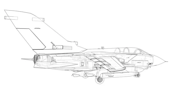 軍用ジェット戦闘機のシルエット。輪郭線での航空機のイメージ。航空機の内部構造。3Dレンダリング — ストック写真