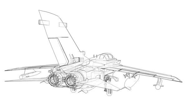 Silhouette da caccia jet militare. Immagine di velivoli in linee di contorno. La struttura interna dell'aeromobile. rendering 3d — Foto Stock