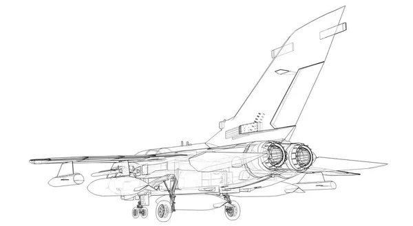 軍用ジェット戦闘機のシルエット。輪郭線での航空機のイメージ。航空機の内部構造。3Dレンダリング — ストック写真