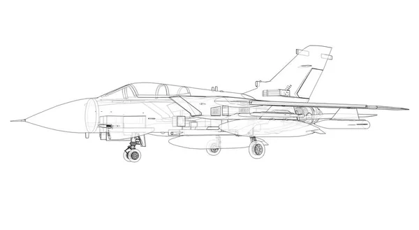 軍用ジェット戦闘機のシルエット。輪郭線での航空機のイメージ。航空機の内部構造。3Dレンダリング — ストック写真