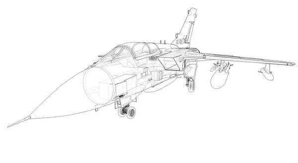 軍用ジェット戦闘機のシルエット。輪郭線での航空機のイメージ。航空機の内部構造。3Dレンダリング — ストック写真