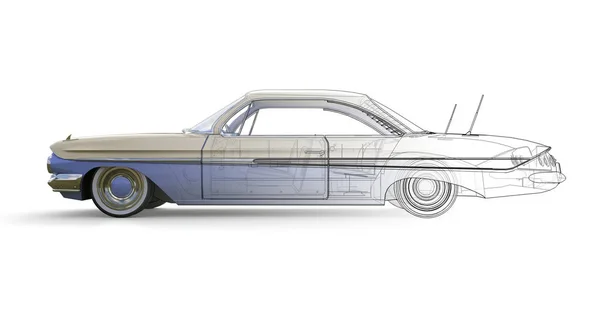 Altes amerikanisches Auto dreidimensionale Computerillustration, kombiniert mit den technischen Konturen des Modells. 3D-Darstellung. — Stockfoto