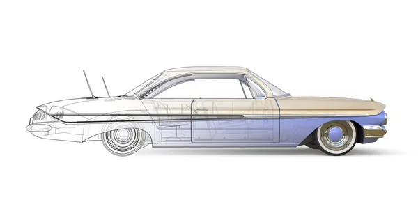Altes amerikanisches Auto dreidimensionale Computerillustration, kombiniert mit den technischen Konturen des Modells. 3D-Darstellung. — Stockfoto