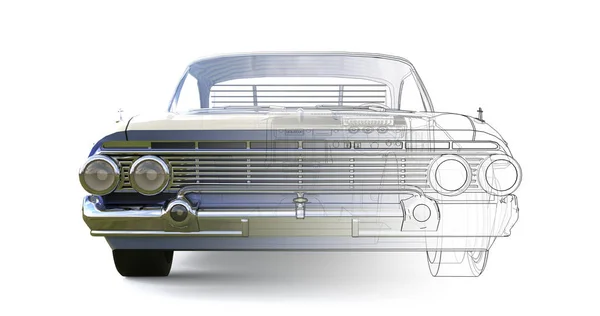 Ancienne illustration informatique tridimensionnelle de voiture américaine, combinée avec les contours techniques du modèle. Rendu 3d. — Photo