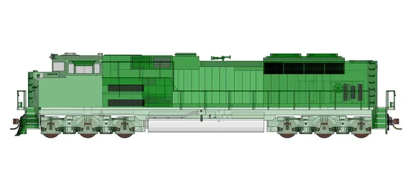 Moderna locomotora de ferrocarril diésel verde con gran potencia y resistencia para el movimiento de trenes largos y pesados. renderizado 3d . — Foto de Stock