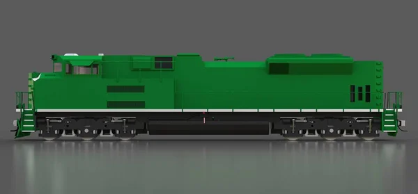 Moderna locomotora de ferrocarril diésel verde con gran potencia y resistencia para el movimiento de trenes largos y pesados. renderizado 3d . — Foto de Stock