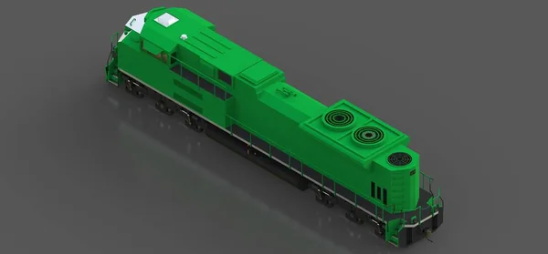 Moderne grüne Diesellokomotive mit großer Kraft und Kraft für den Transport von langen und schweren Eisenbahnzügen. 3D-Darstellung. — Stockfoto