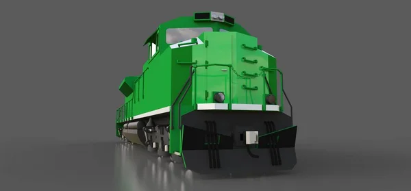 Locomotive ferroviaire diesel verte moderne avec une grande puissance et force pour déplacer un train ferroviaire long et lourd. Rendu 3d . — Photo