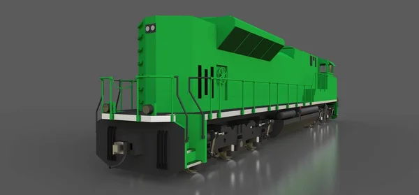 Moderne grüne Diesellokomotive mit großer Kraft und Kraft für den Transport von langen und schweren Eisenbahnzügen. 3D-Darstellung. — Stockfoto