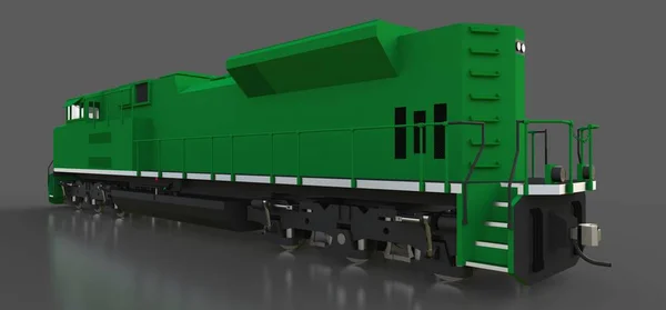 Moderne grüne Diesellokomotive mit großer Kraft und Kraft für den Transport von langen und schweren Eisenbahnzügen. 3D-Darstellung. — Stockfoto