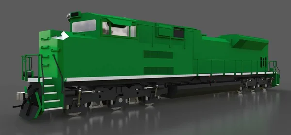 Modern zöld diesel vasúti mozdony, nagy hatalommal és erő a mozgó hosszú és nehéz vasút vonat. 3D-leképezés. — Stock Fotó