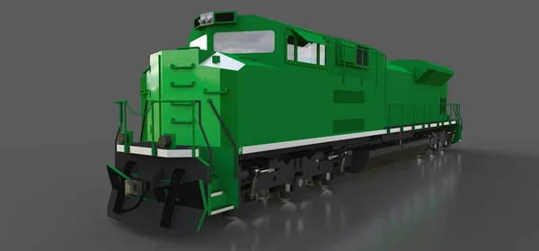Moderna locomotiva ferroviaria diesel verde con grande potenza e resistenza per lo spostamento di treni ferroviari lunghi e pesanti. rendering 3d . — Foto Stock