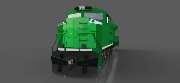 Moderní zelené nafty železniční lokomotiva s velkou moc a sílu pro pohyb dlouhý a těžký železniční vlak. 3D vykreslování. — Stock fotografie
