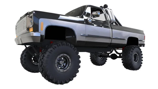 Grote pick-up truck off-road. Full - opleiding. Sterk verhoogde ophanging. Grote wielen met spikes voor stenen en modder. 3D illustratie. — Stockfoto