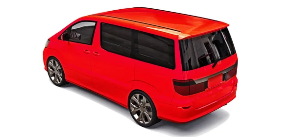 Červený malý minivan pro transport lidí. Trojrozměrný obrázek na lesklém šedém pozadí. prostorové vykreslování. — Stock fotografie