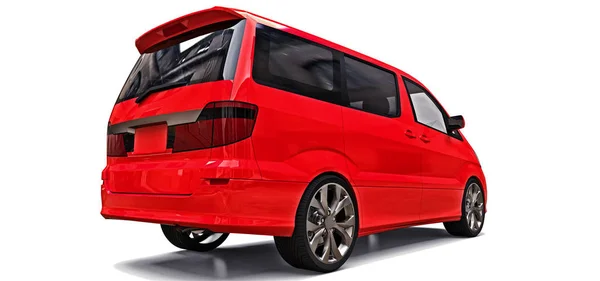 Red small minivan for transportation of people. Three-dimensional illustration on a glossy gray background. 3d rendering. — Stock Photo, Image