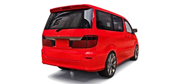 Minivan pequena vermelha de transporte de pessoas. ilustração tridimensional em um fundo cinza brilhante. Renderização 3d . — Fotografia de Stock