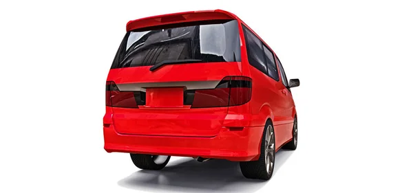 Red small minivan for transportation of people. Three-dimensional illustration on a glossy gray background. 3d rendering. — Stock Photo, Image