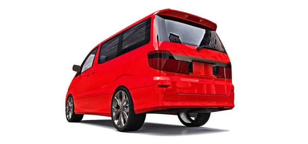 Red small minivan for transportation of people. Three-dimensional illustration on a glossy gray background. 3d rendering. — Stock Photo, Image