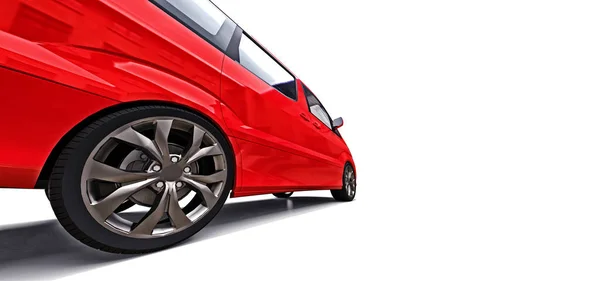 Czerwony mały minivana do przewozu ludzi. Trójwymiarowa ilustracja na błyszczącym szarym tle. Renderowanie 3D. — Zdjęcie stockowe