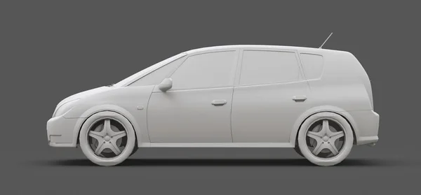 Witte stadsauto met blanco oppervlak voor uw creatieve ontwerp. Kunststof model gedrukt op een 3D-printer. 3D-illustratie. — Stockfoto