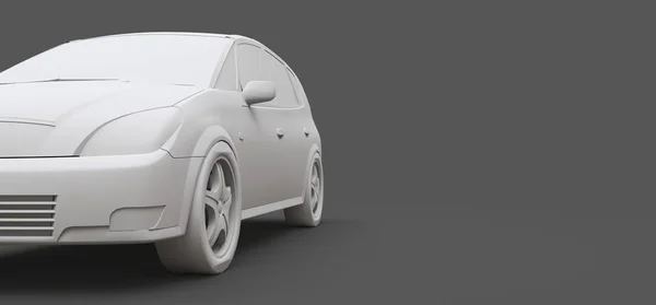 Biały miejski samochód z pustą powierzchnią do kreatywnego projektowania. Model z tworzywa sztucznego wydrukowany na drukarce 3D. ilustracja 3D. — Zdjęcie stockowe