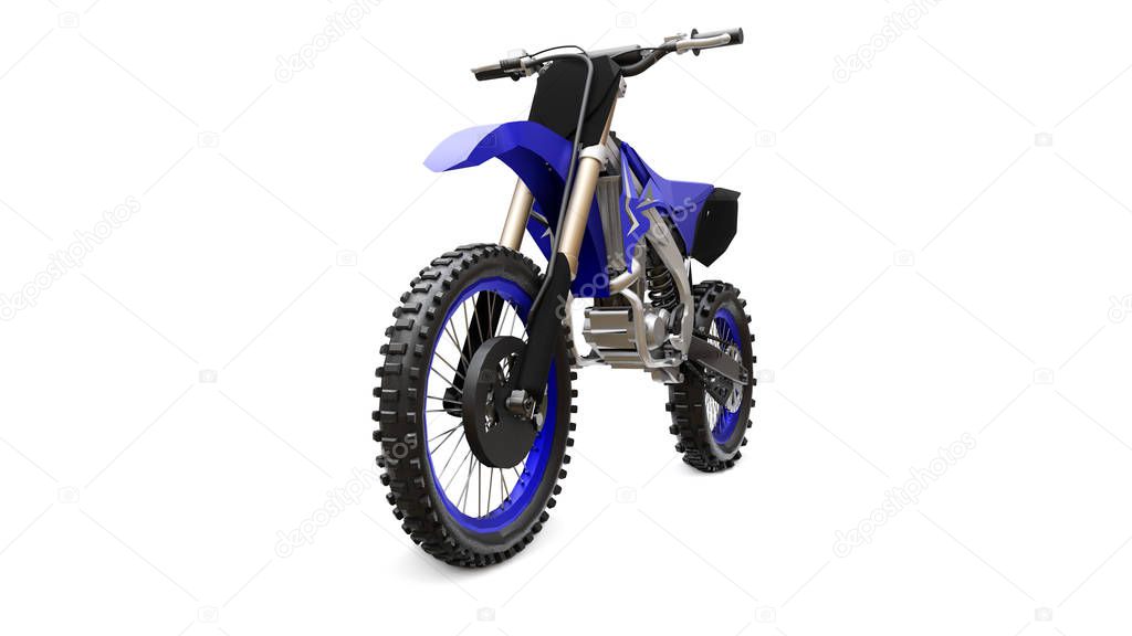 Blue and black sport bike for cross-country on a white background. Racing Sportbike. Modern Supercross Motocross Dirt Bike. 3D Rendering.