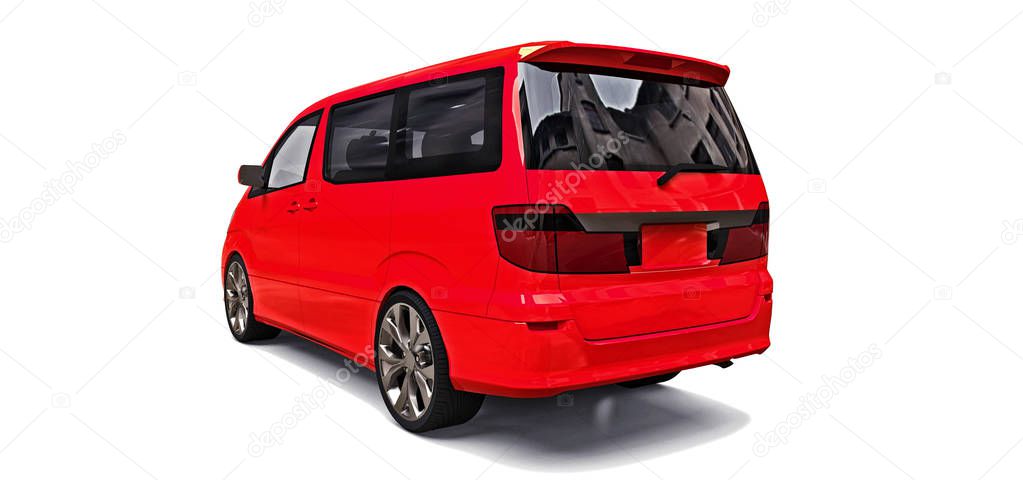 Red small minivan for transportation of people. Three-dimensional illustration on a glossy gray background. 3d rendering.