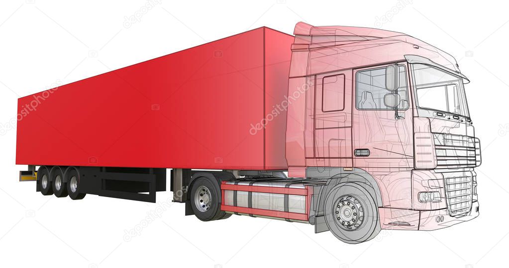 Large red truck with a semitrailer. Template for placing graphic
