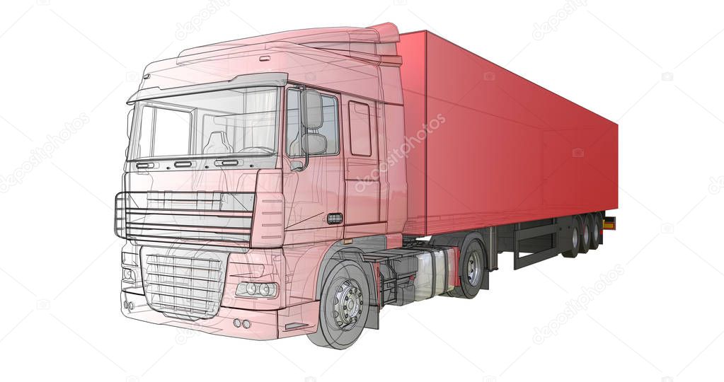 Large red truck with a semitrailer. Template for placing graphic