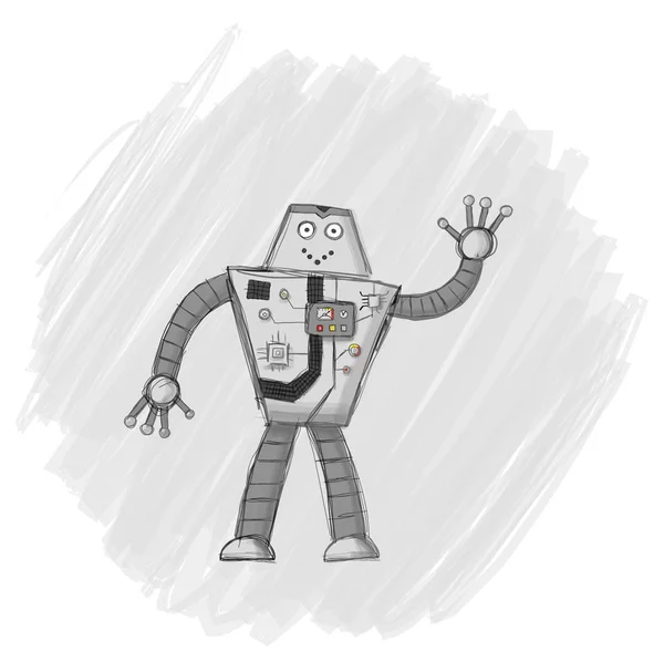 Веселый серый робот, нарисованный вручную. Робот машет. Серый штрих в качестве фона. На роботе много устройств и кнопок . — стоковый вектор